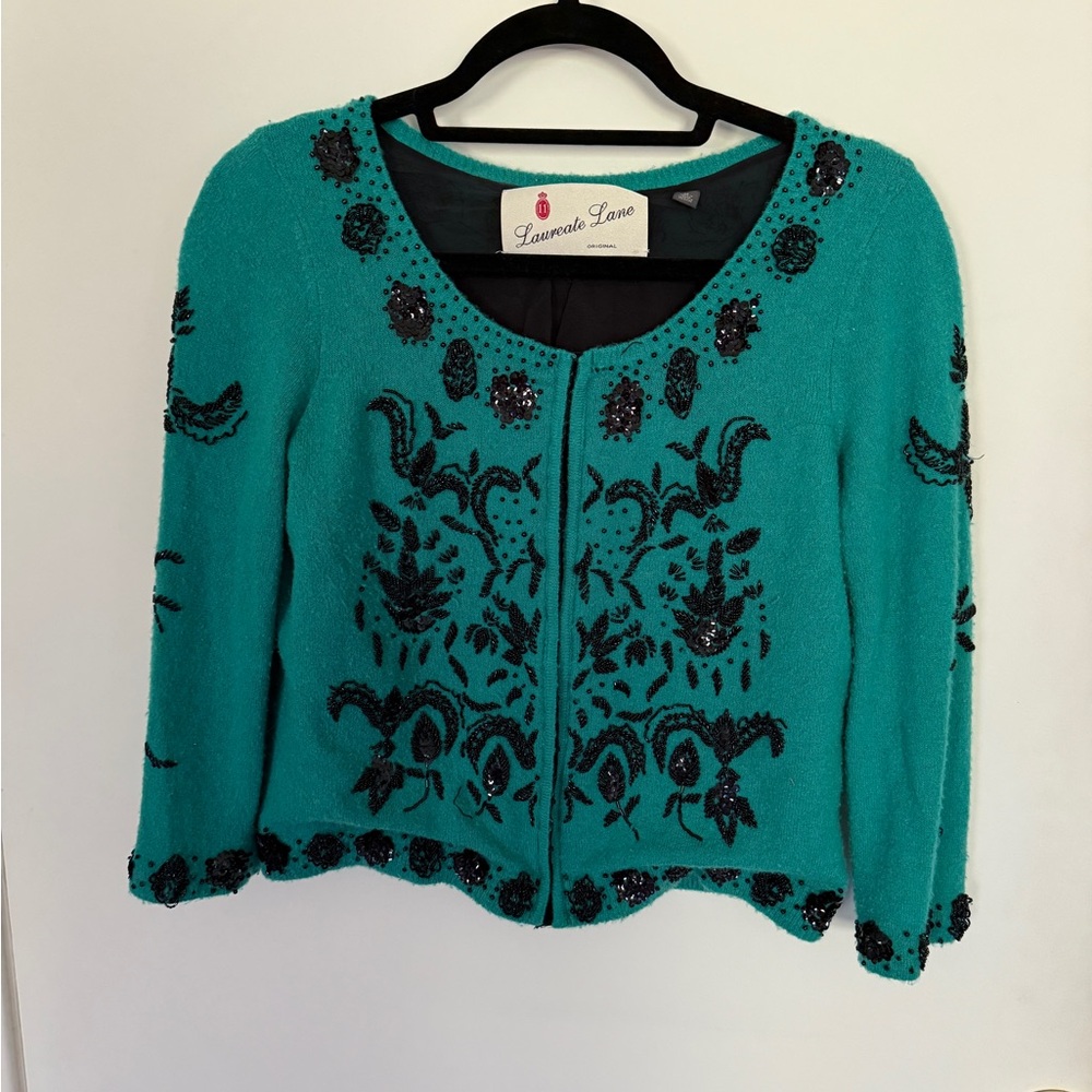 Vintage Teal Black Beaded Cardigan